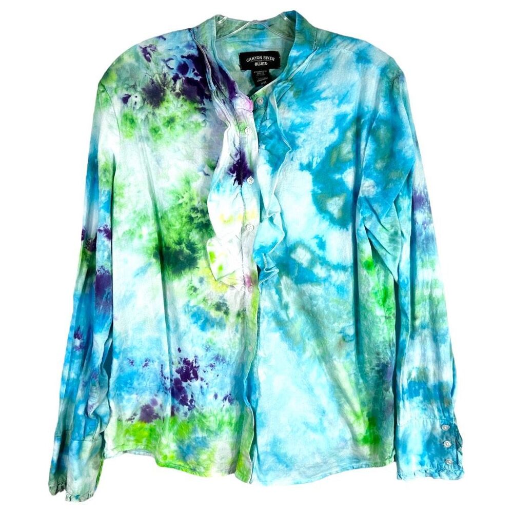 Canyon River Blues XL Blouse Ruffle Ripples Tie Dye Handmade Blue Green 511